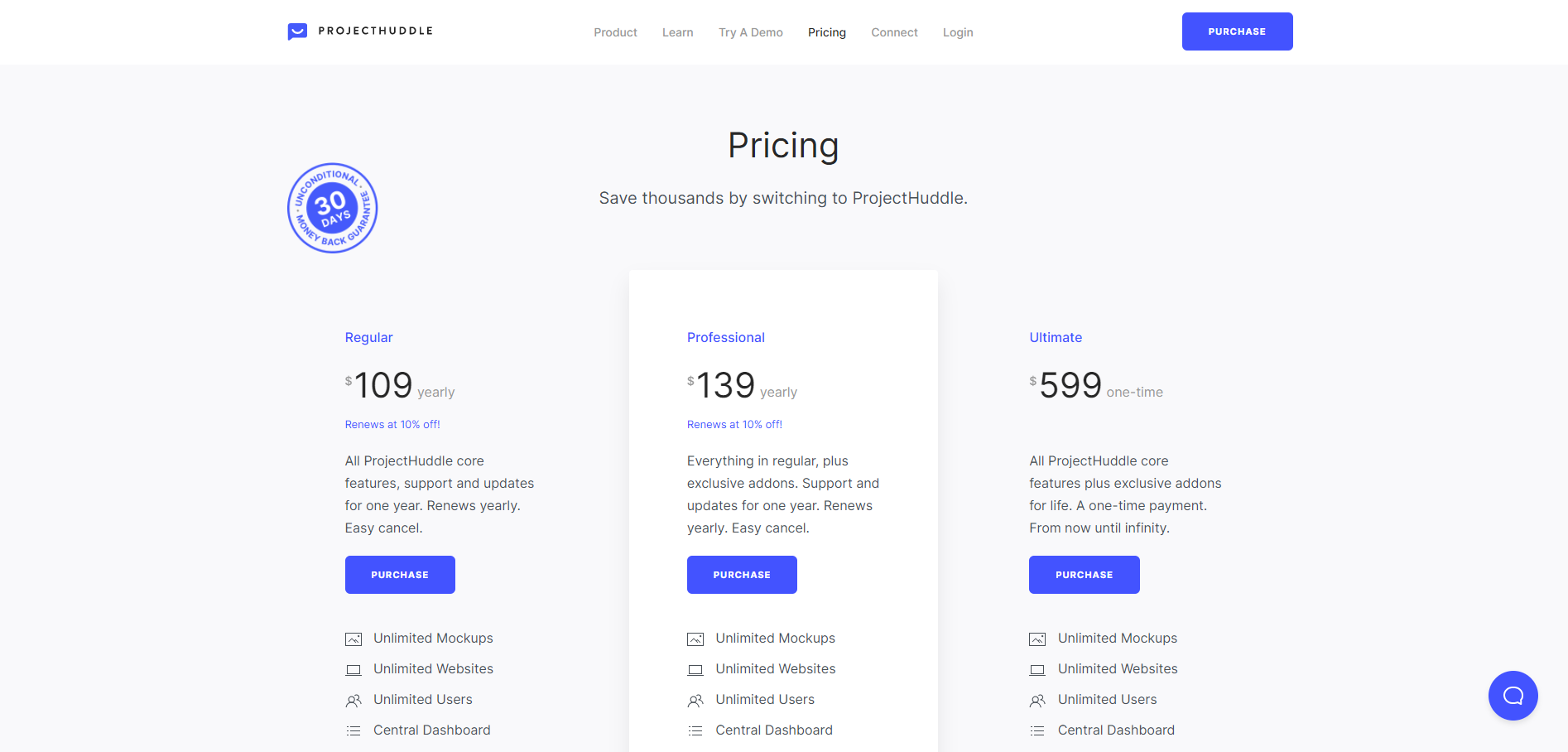 Projecthuddle pricing page showing product features