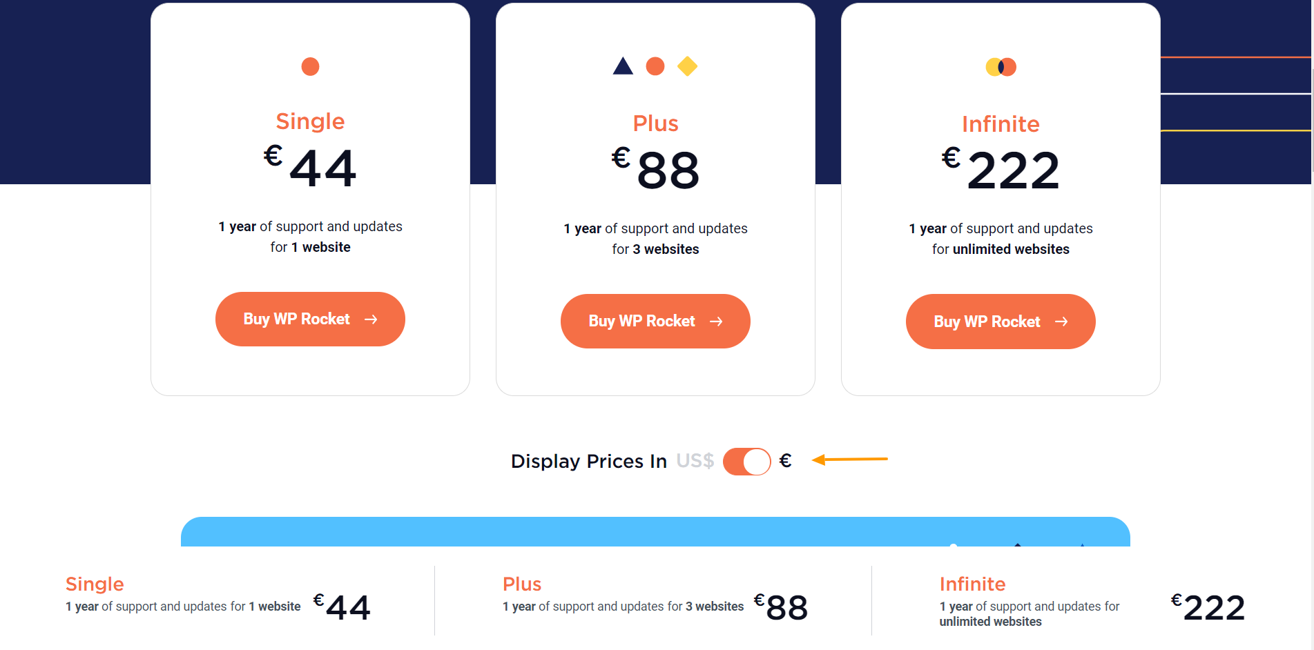 WPRocket's pricing page with comparison between 3 products