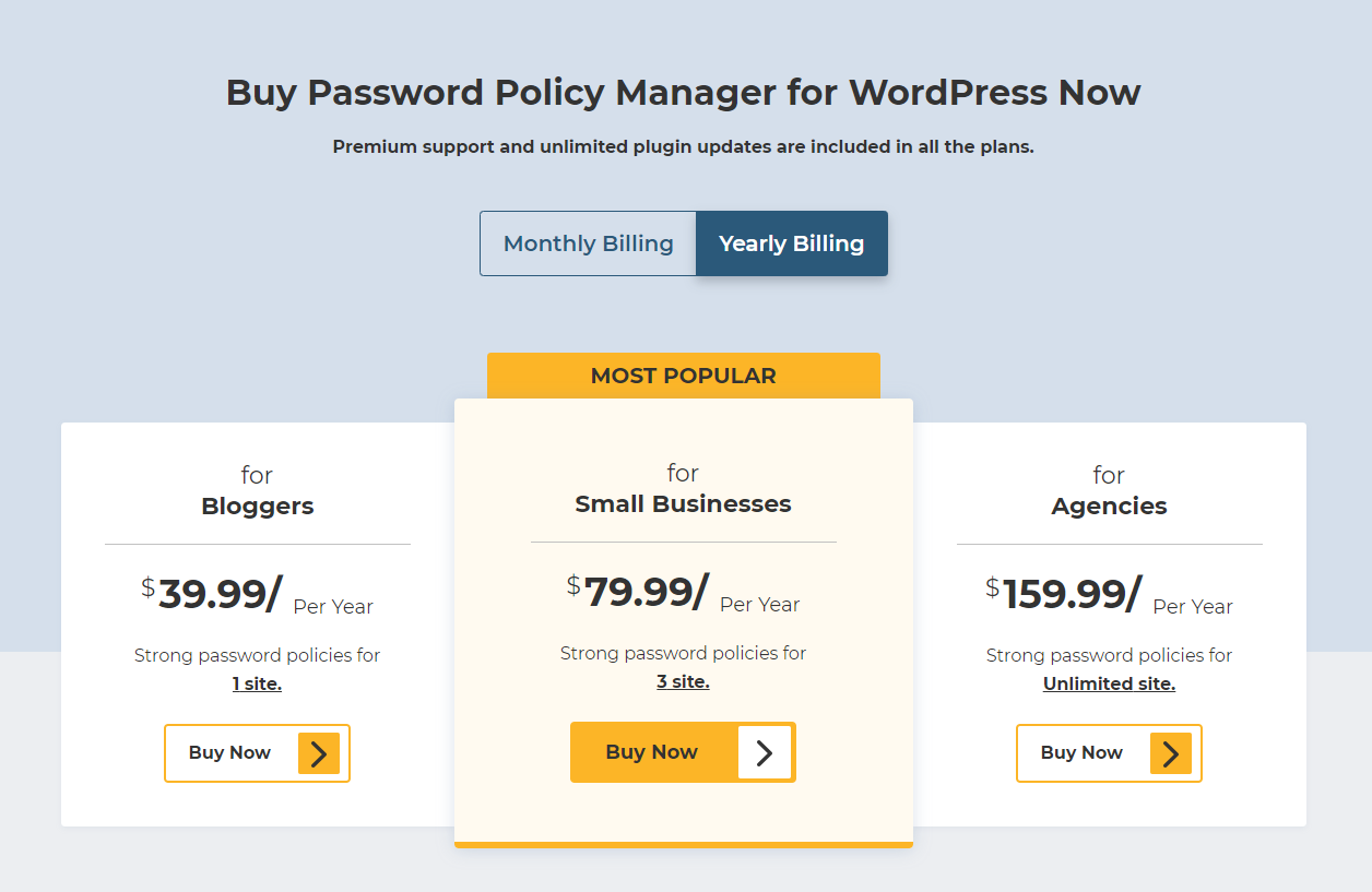 Password Policy Manager for WordPress yearly price with comparison between 3 products