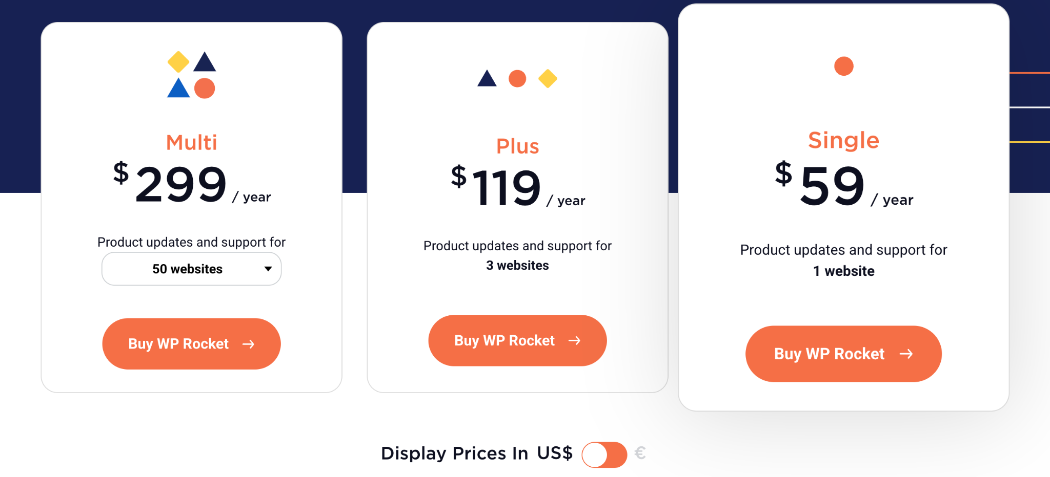 WPRocket's pricing page with comparison between 3 products