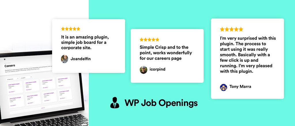 A showcase of positive reviews for the WP Job Openings plugin
