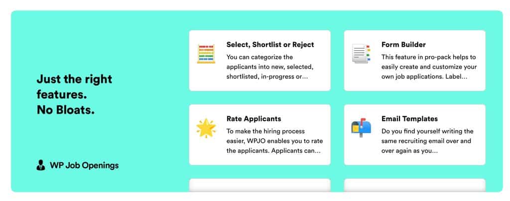 A grouping of impressive features offered by the WP Job Openings plugin