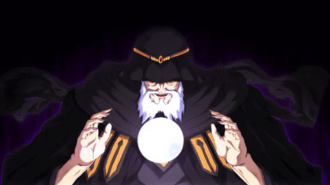 an animated old wizard checking a crystal ball