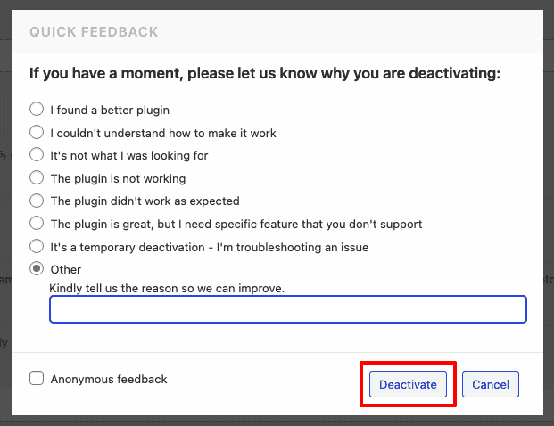 Freemius WordPress SDK Feedback Form Reason Other