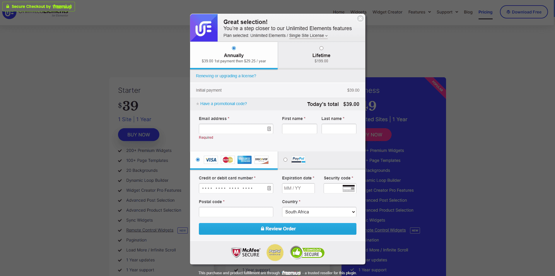 Freemius Checkout Loaded as a Dialogue