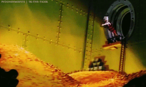 Scrooge McDuck jumping into a pile of coins