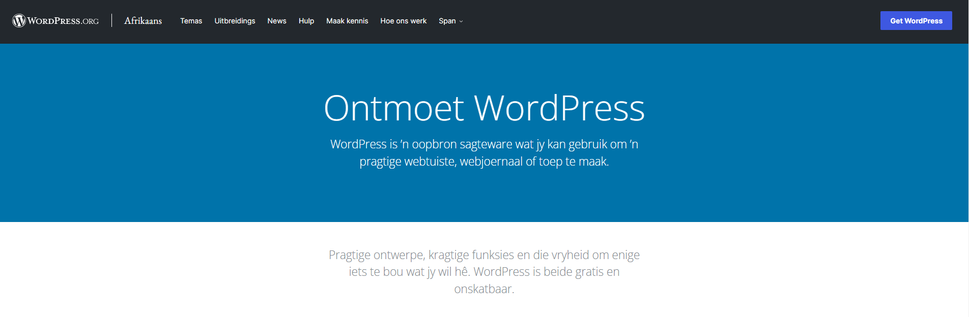 Afrikaans Header Displaying Ontmoet WordPress