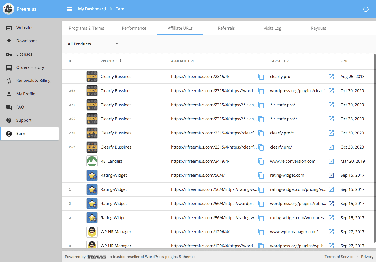 Affiliate URLs in Freemius User Dashboard