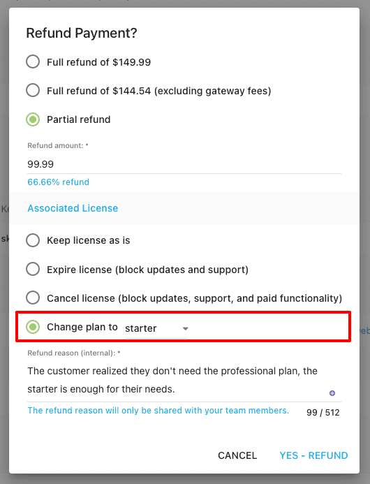 Changing Plan in Refund Dialog - Freemius Developer Dashboard