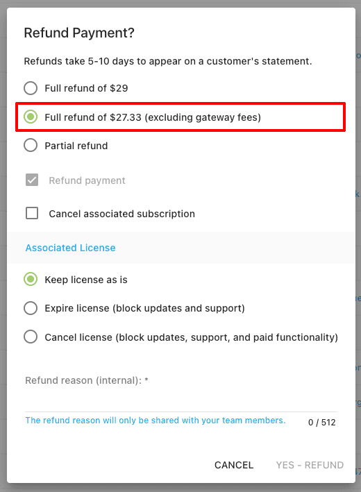 Full Refund Excluding Fees - Freemius Dashboard