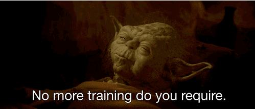 Yoda lying saying " No more training do you require"