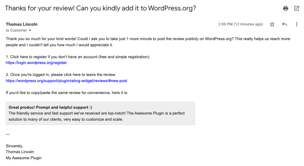 WordPress.org Review Request Email Example