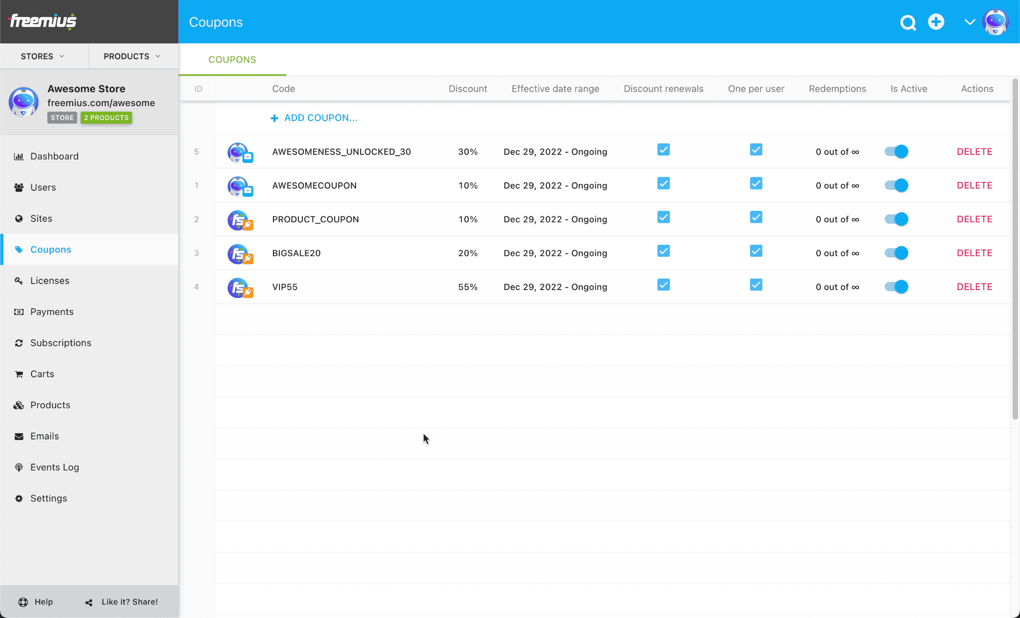 Store Coupons On The Freemius Multi-Store Dashboard