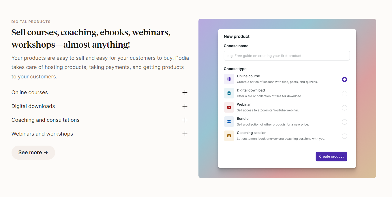 Digital products offered by Podia