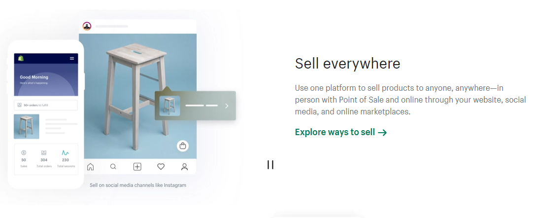 Shopify feature beside a mobile phone showing a sample of a sold product