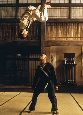 two men facing each other one from up doing karate