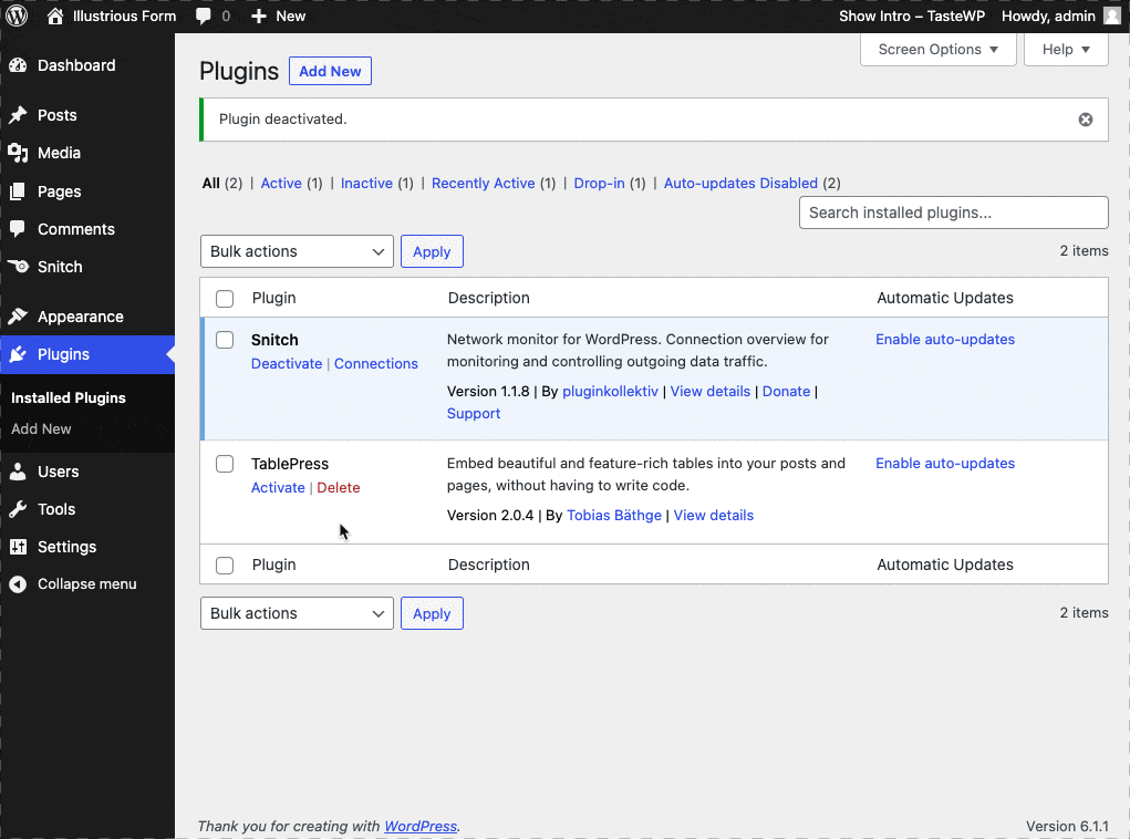 instruction how to activate tablePress plugin