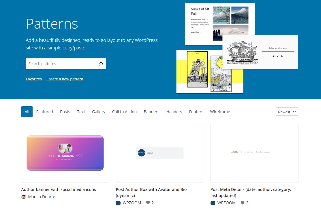 wordpress themes preview of a template library called Patterns