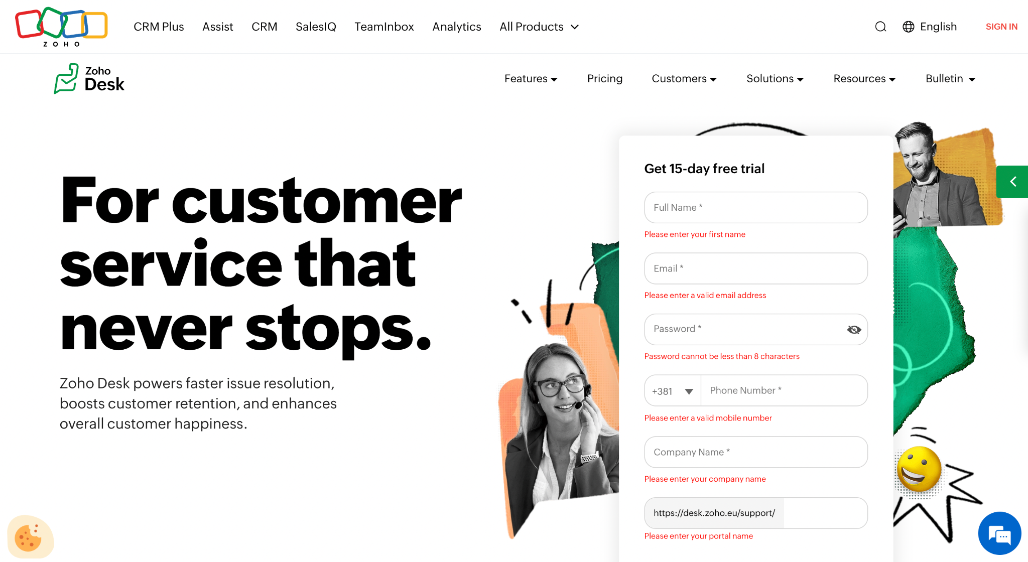 Zoho Desk customer service software website