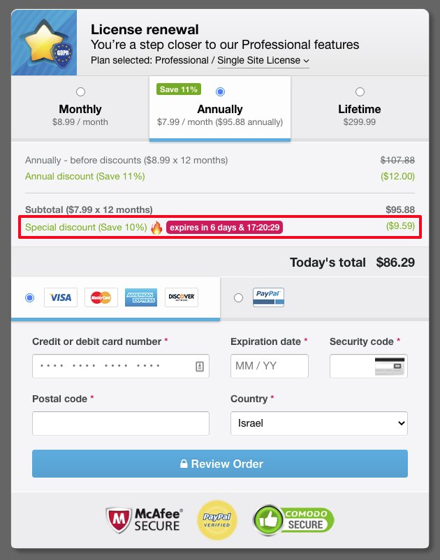 Freemius Checkout With Subscription Renewal Recovery Discount to Reduce Customer Churn Applied