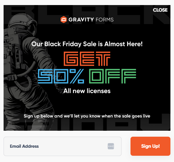 BFCM Black Friday Cyber Monday pop-up ad from Gravity Forms