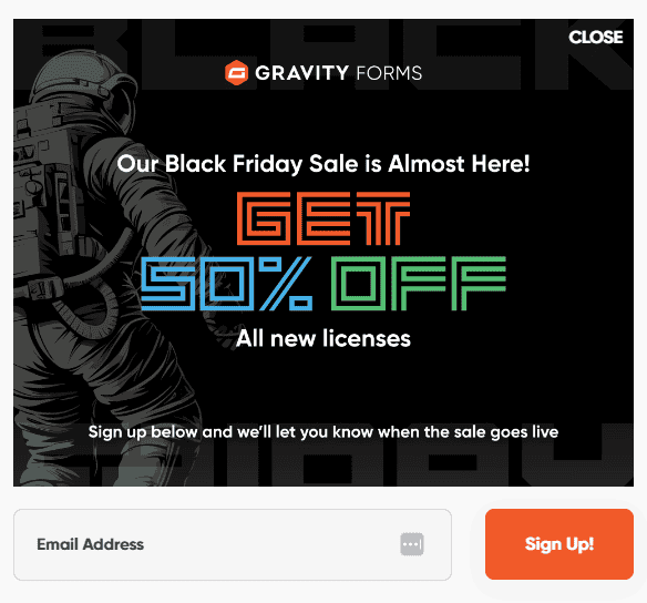 BFCM Black Friday Cyber Monday pop-up ad from Gravity Forms