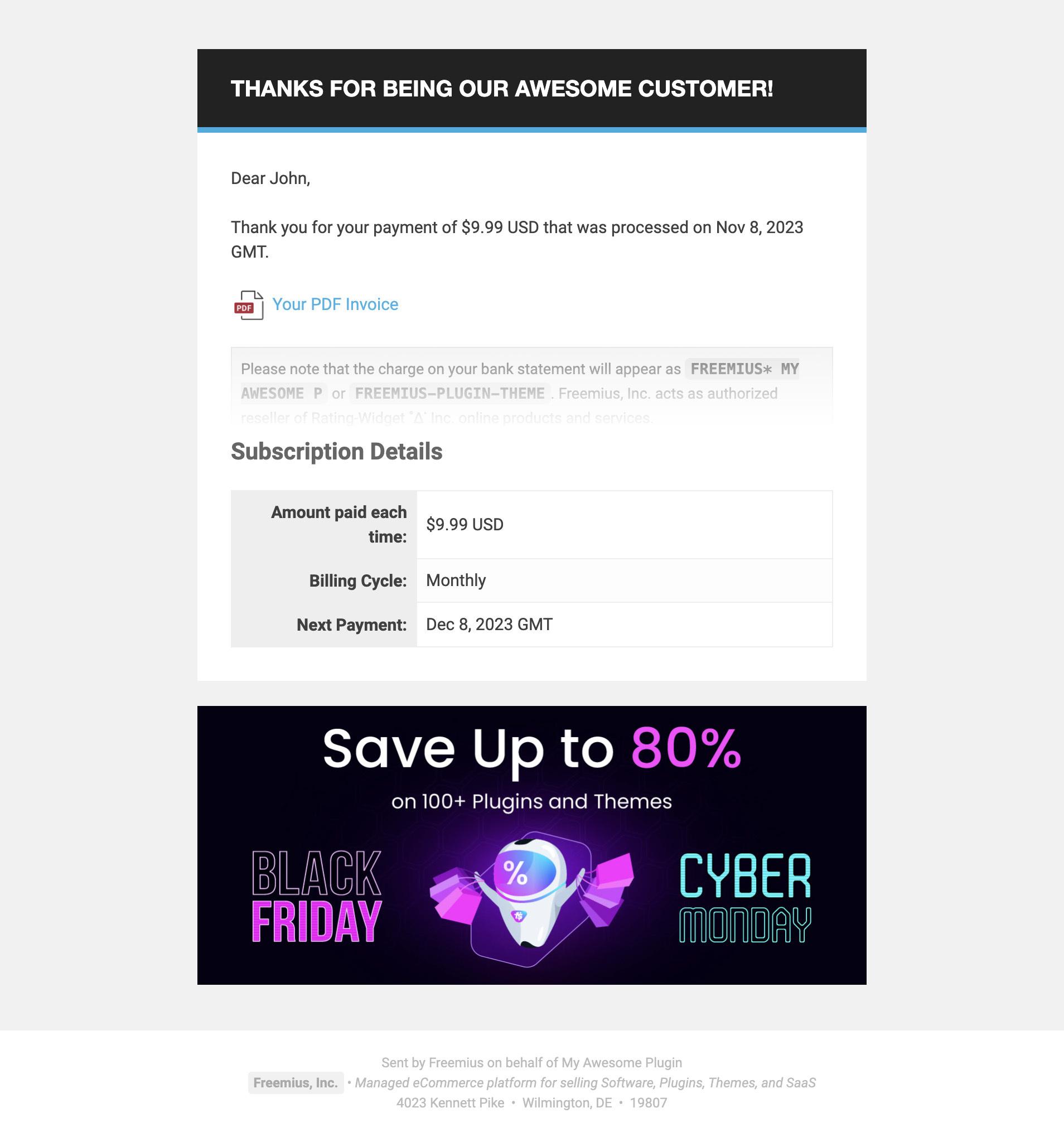 BFCM countdown banner in Freemius transactional email