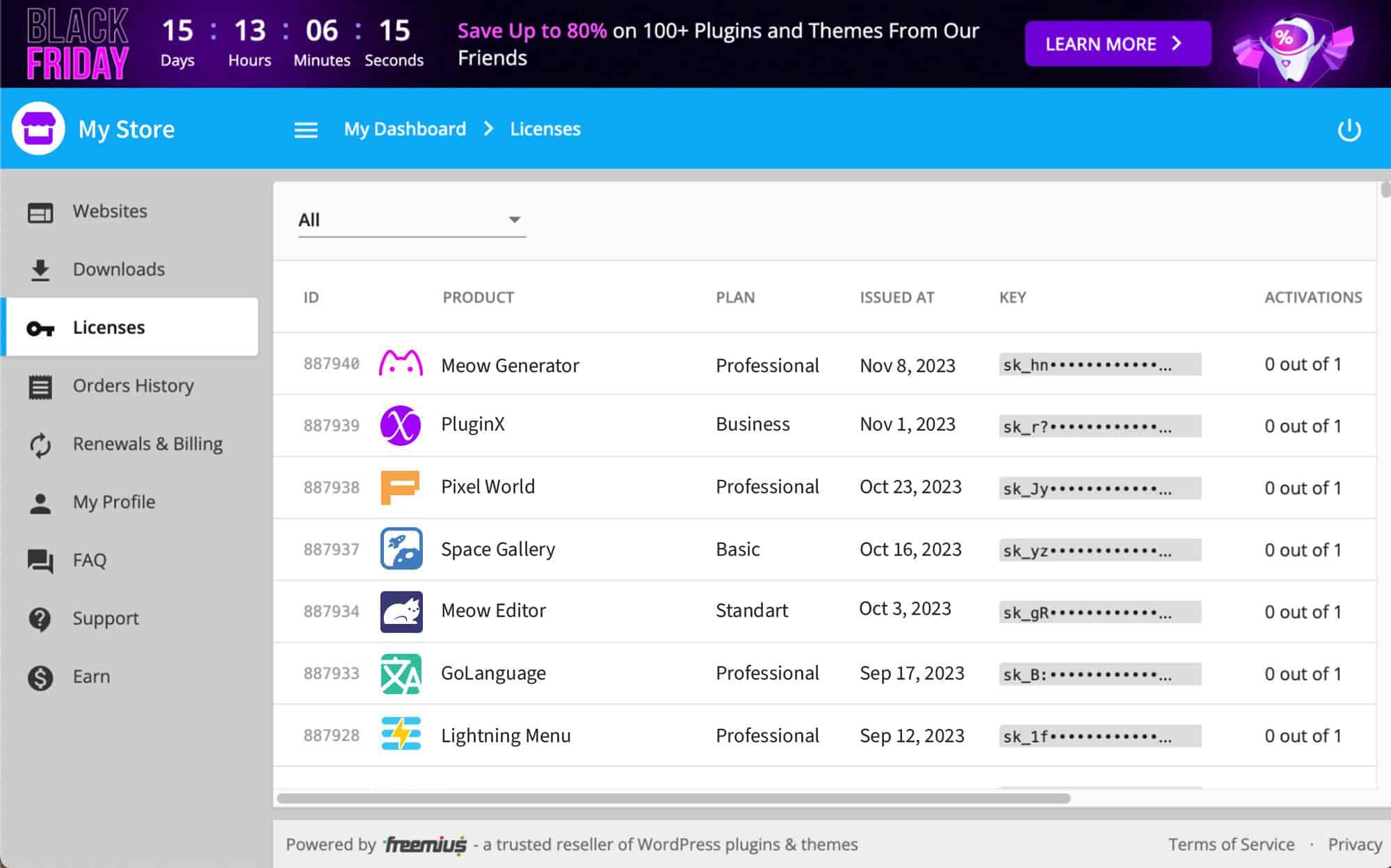 BFCM countdown banner in Freemius User Dashboard