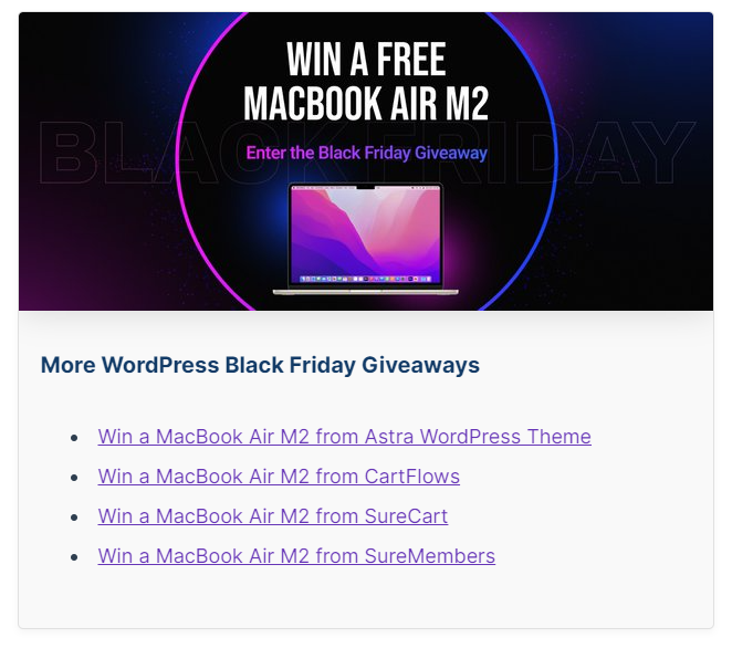 MacBook giveaway by WordPress companies during BFCM