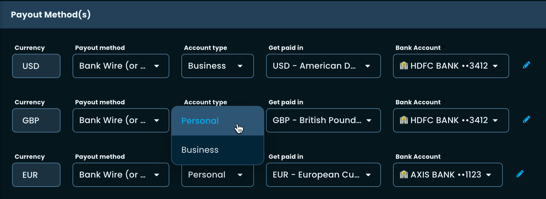 Freemius Payout Account Type