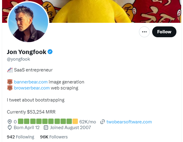 Jon Yongfook's X (Twitter) profile featuring MRR - building in public