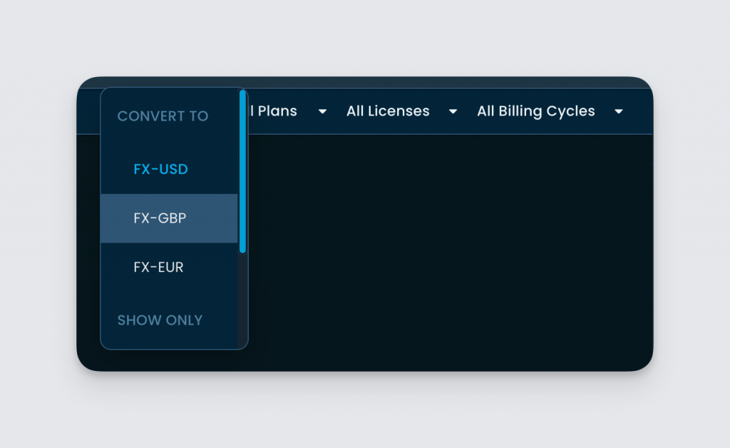 The currency picker UI in Freemius Developer Dashboard under Sales Analytics