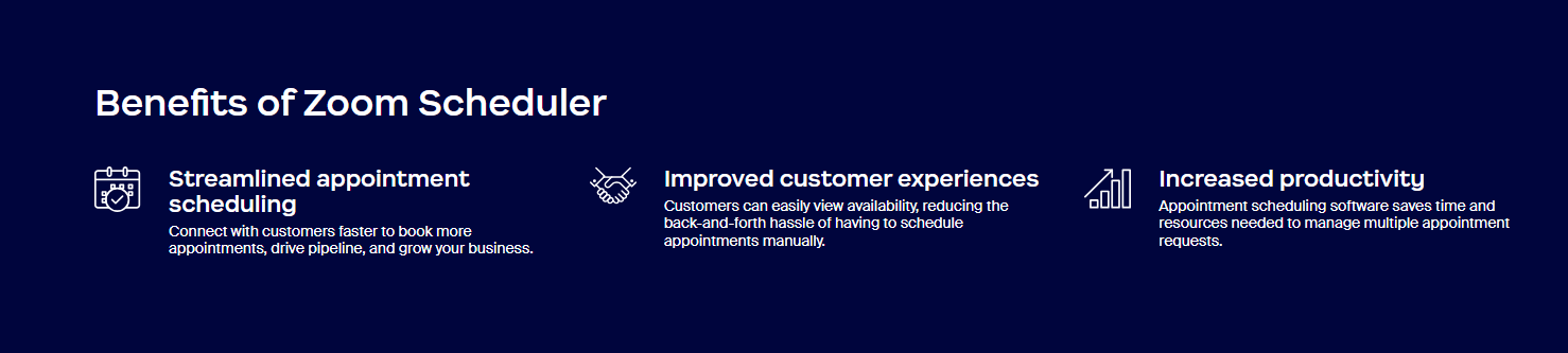 An design illustrating benefits of Zoom Scheduler: "Streamlined appointment scheduling", "Improved customer experiences", and "Increased productivity"