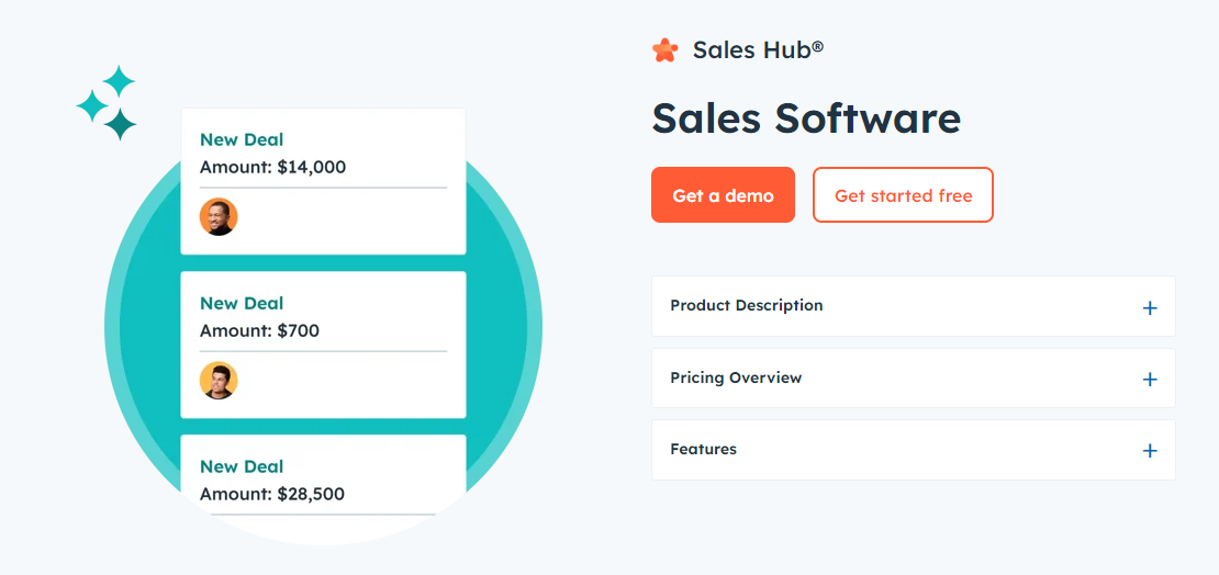 An image showing HubSpot Sales Hub on HubSpot's pricing page