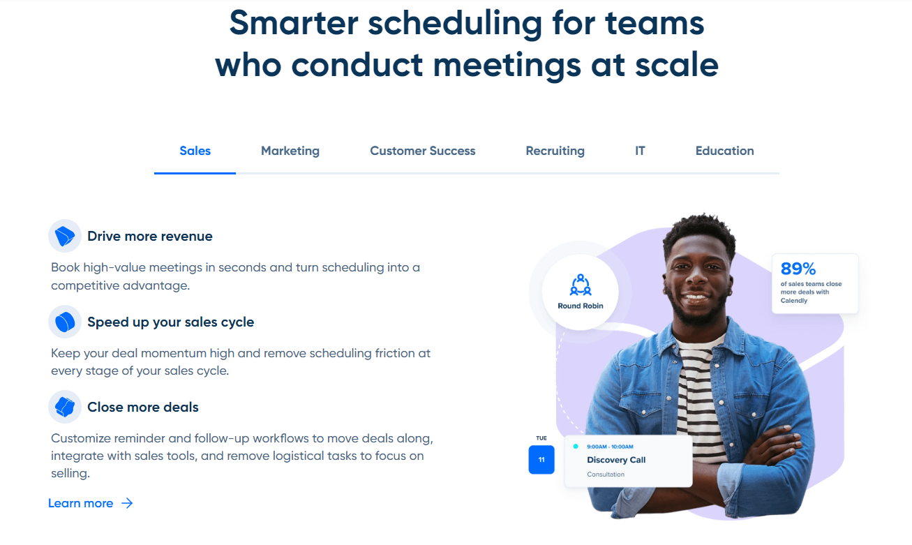 Calendly image that says, "Smarter scheduling for teams who conduct meetings at scale"