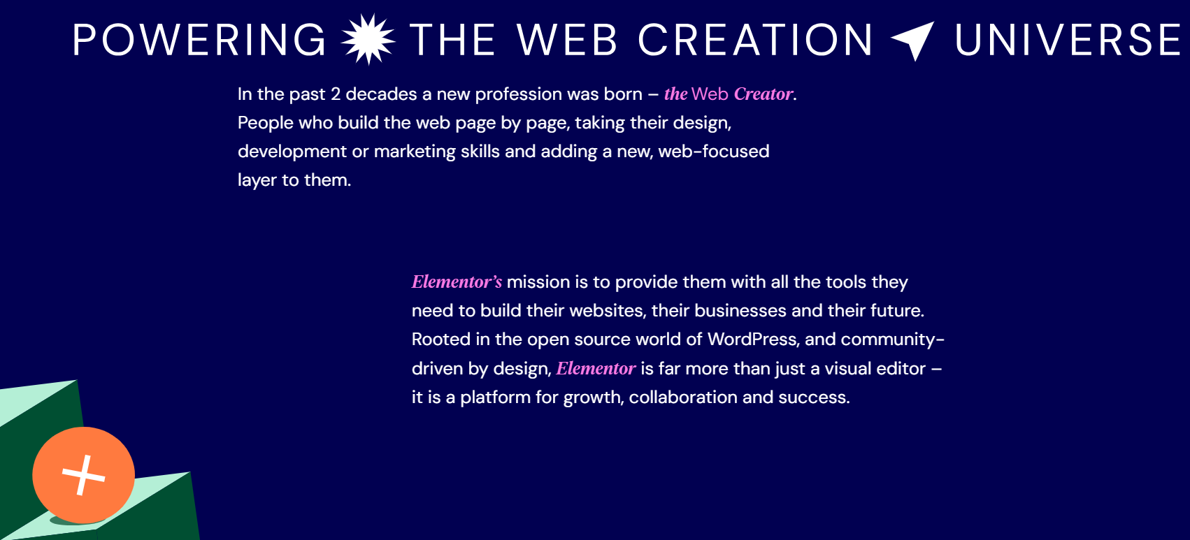 Image from Elementor's "About" page showcasing "The Elementor Story"