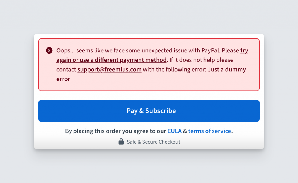 Freemius checkout error UI with general PayPal issue