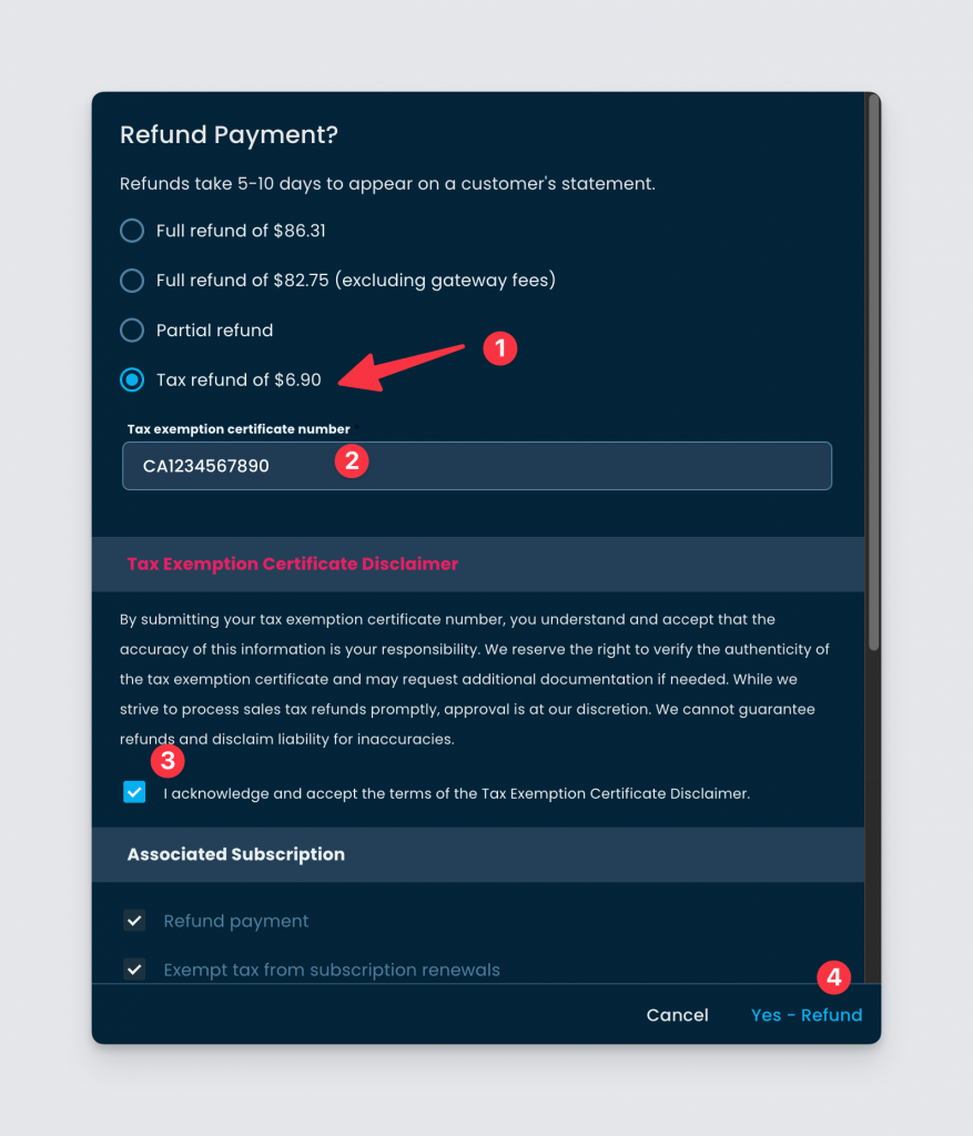 refund us sales tax in the freemius developer dashboard