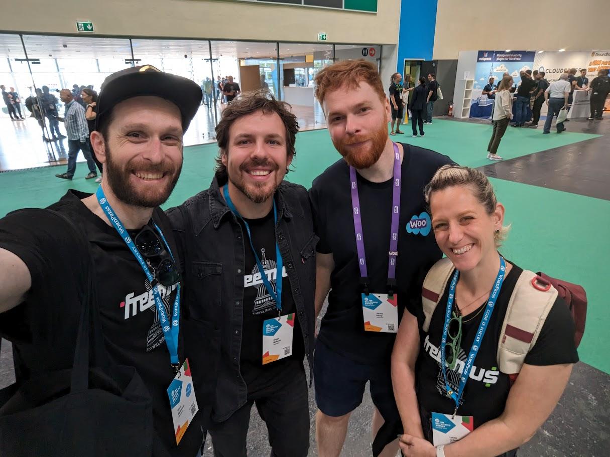 Vova Feldman, Goran Mirkovic, and Hadas Golzaker taking a selfie with attendees at WordCamp Europe 2024