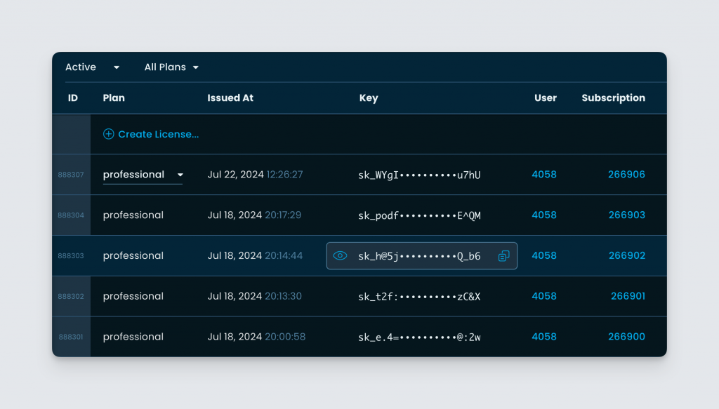 Freemius Developer Dashboard Licenses table page