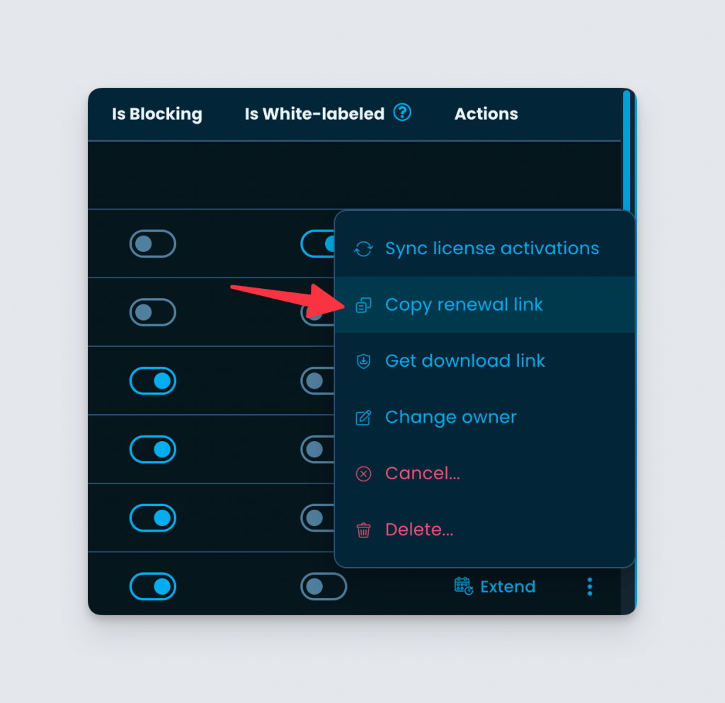 Copy renewal link action inside Licenses page of Freemius Developer Dashboard