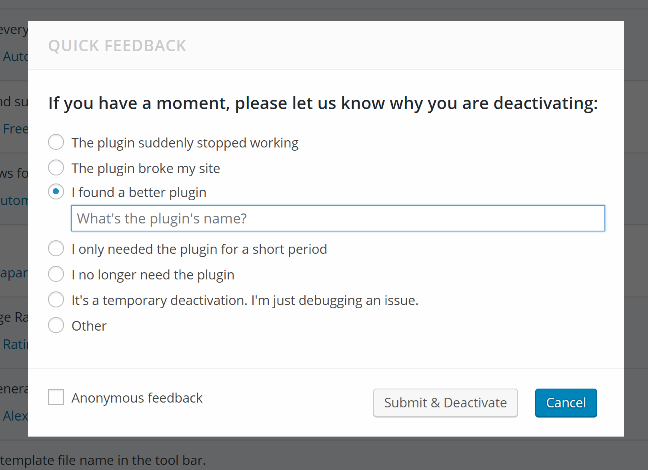 Freemius Deactivation Feedback Form