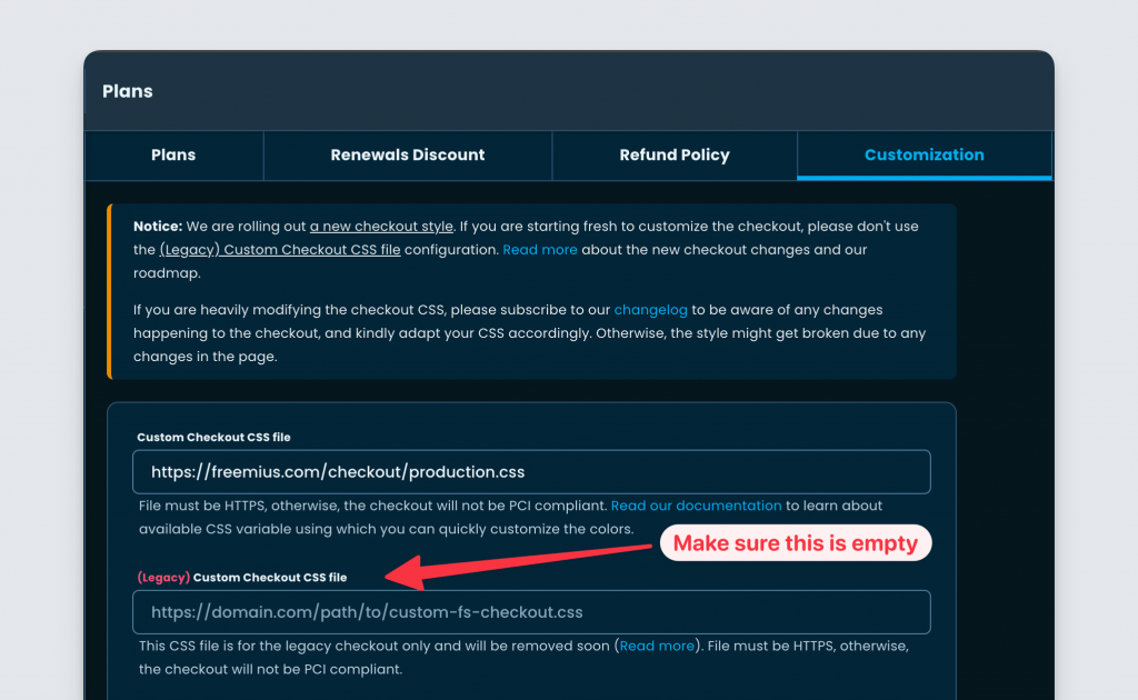 Freemius Developer Dashboard Checkout Customization for disabling the legacy Checkout