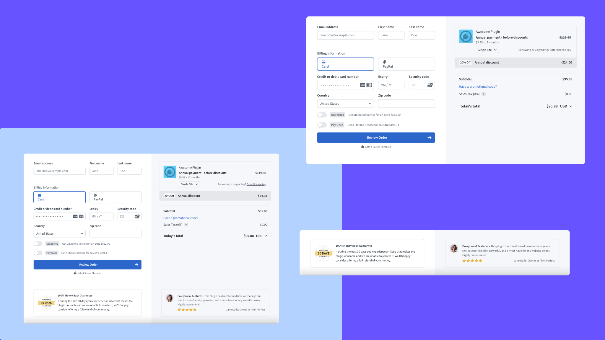 Freemius Checkout pages with security badges and testimonials