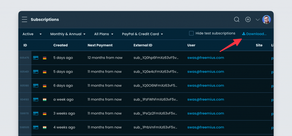 Freemius subscriptions data one-click export