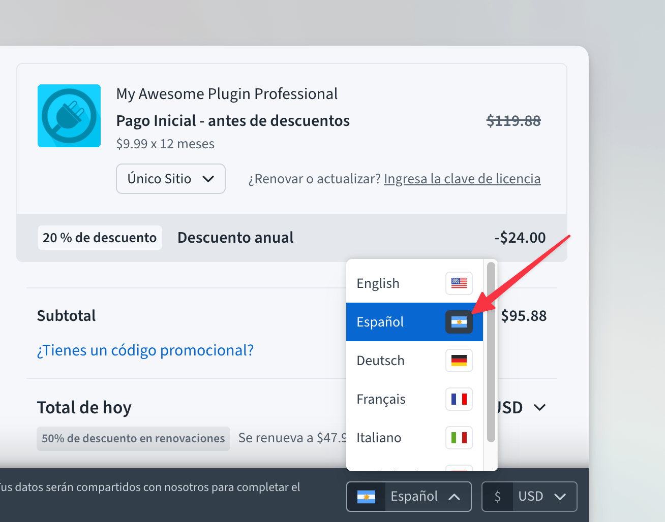 Freemius Checkout personalized language selector with flags