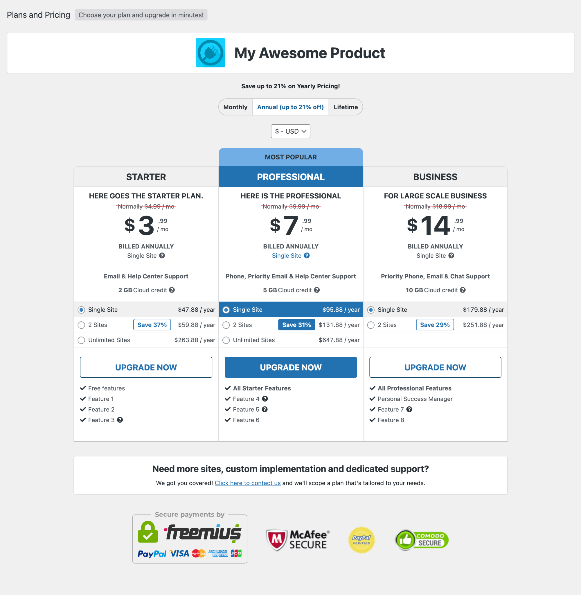 Freemius default pricing page 2.0