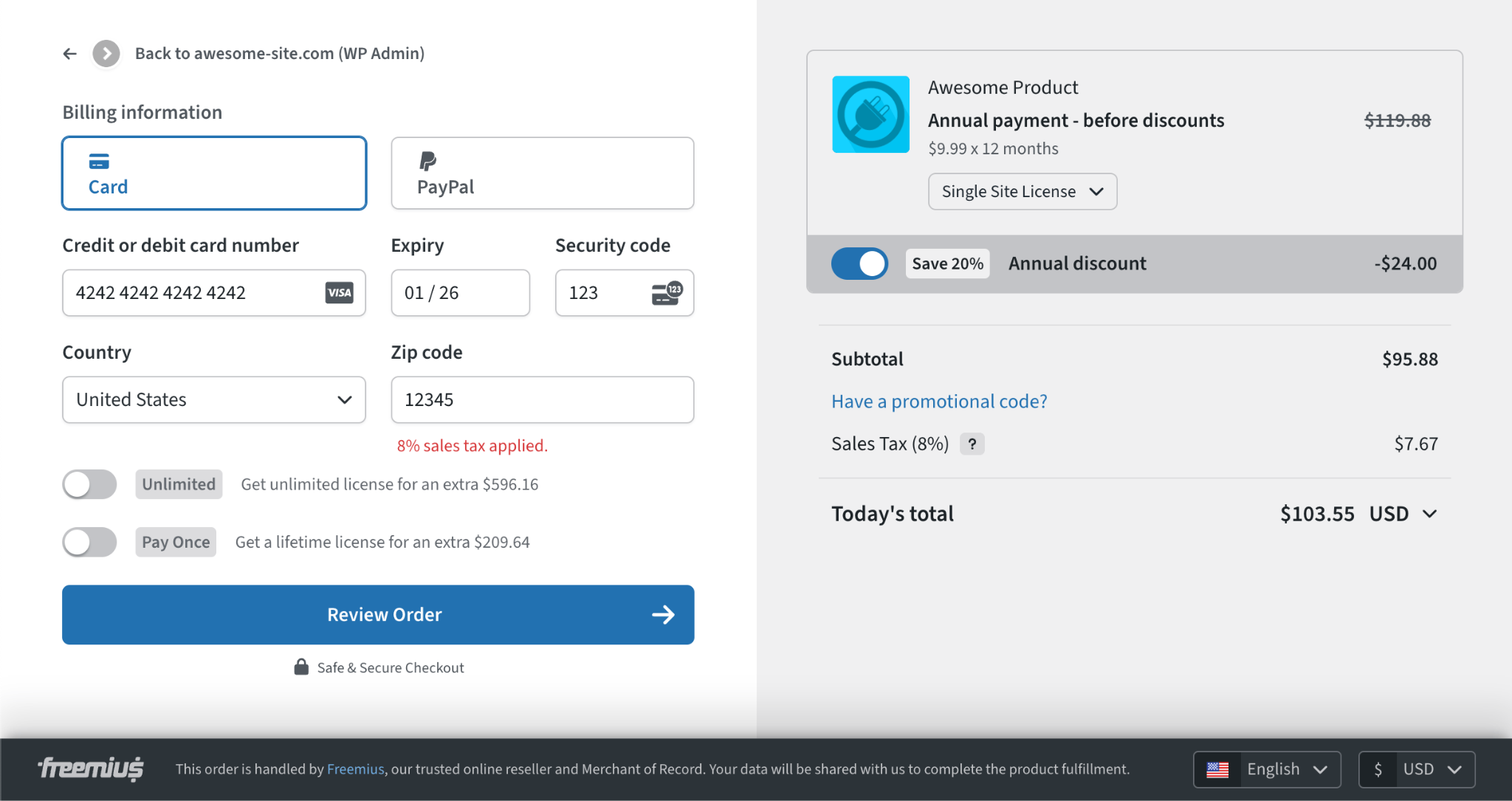 Freemius full-screen Checkout