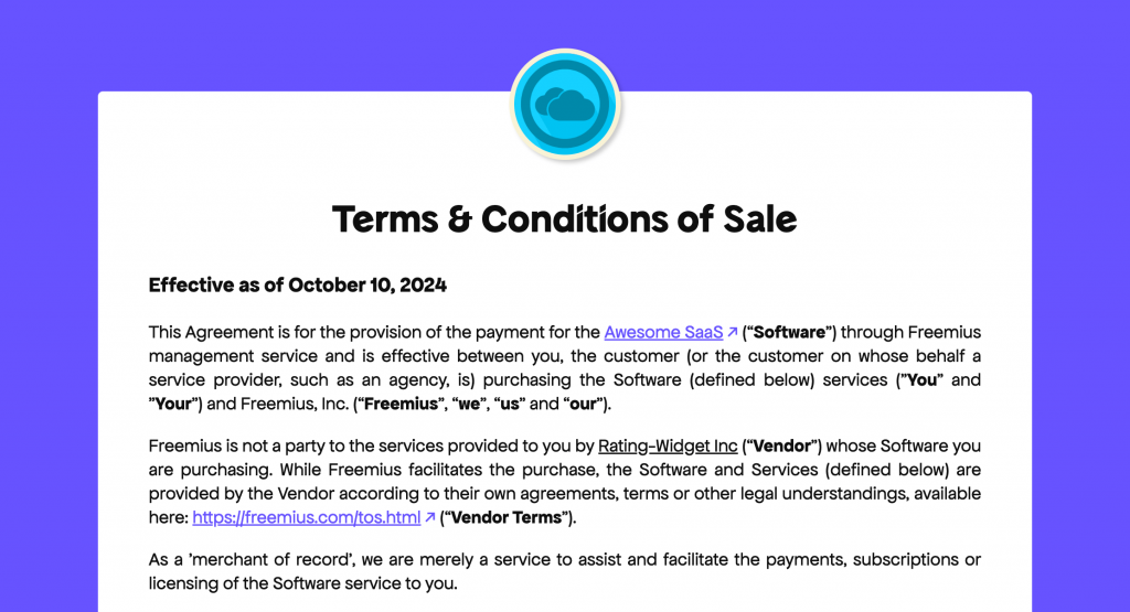 Freemius Terms of Sale for SaaS