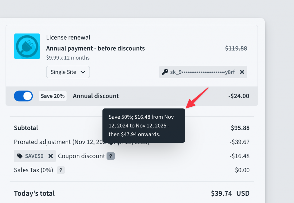 Pro-rated discount applied to the renewal upfront in Freemius Checkout